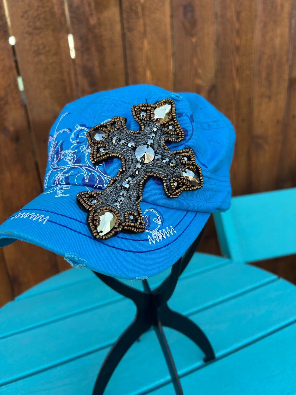 Premium Brand Distressed Blue Army Cap Large Beaded Crystal Cross Bling Y2K